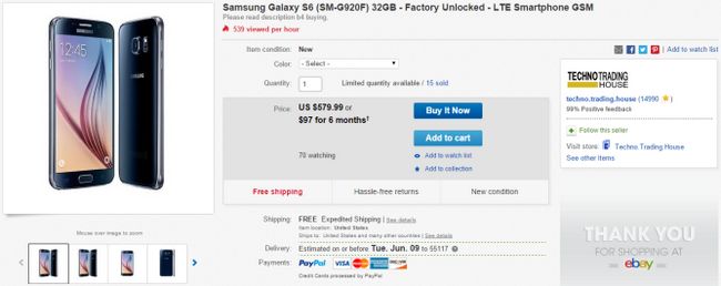 Fotografía - [Offre Alerte] international Unlocked Galaxy S6 (G920F) en vente pour 579,99 $ sur eBay